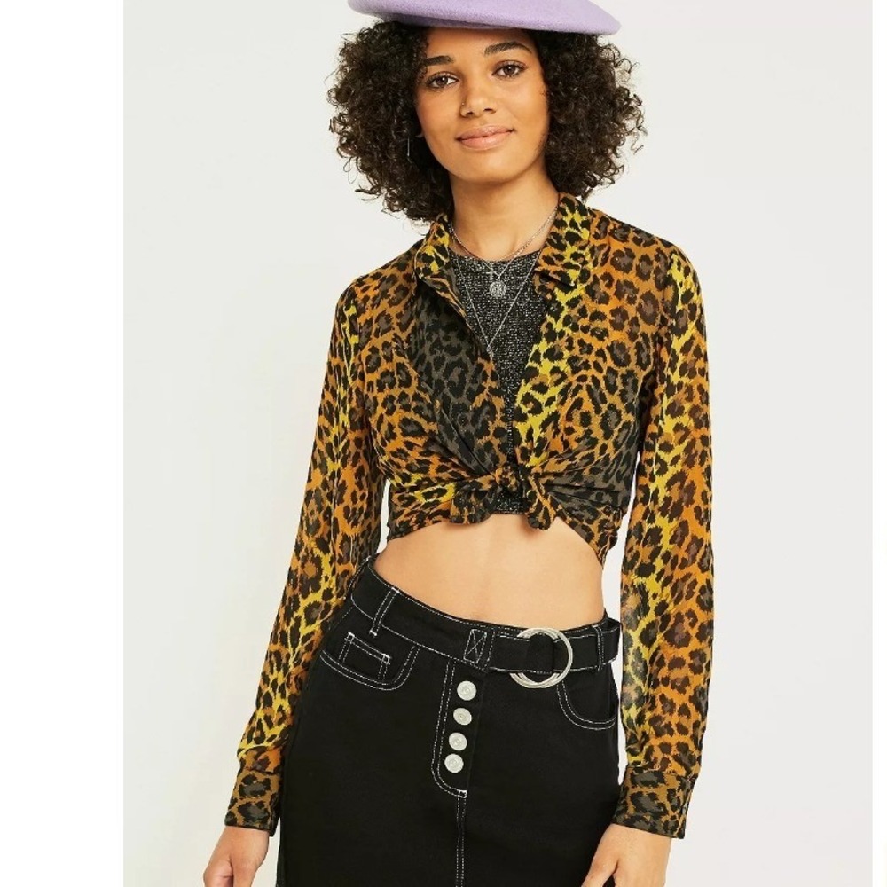 Urban‎ Outfitters Sheer Leopard Print Cropped Button Down Shirt